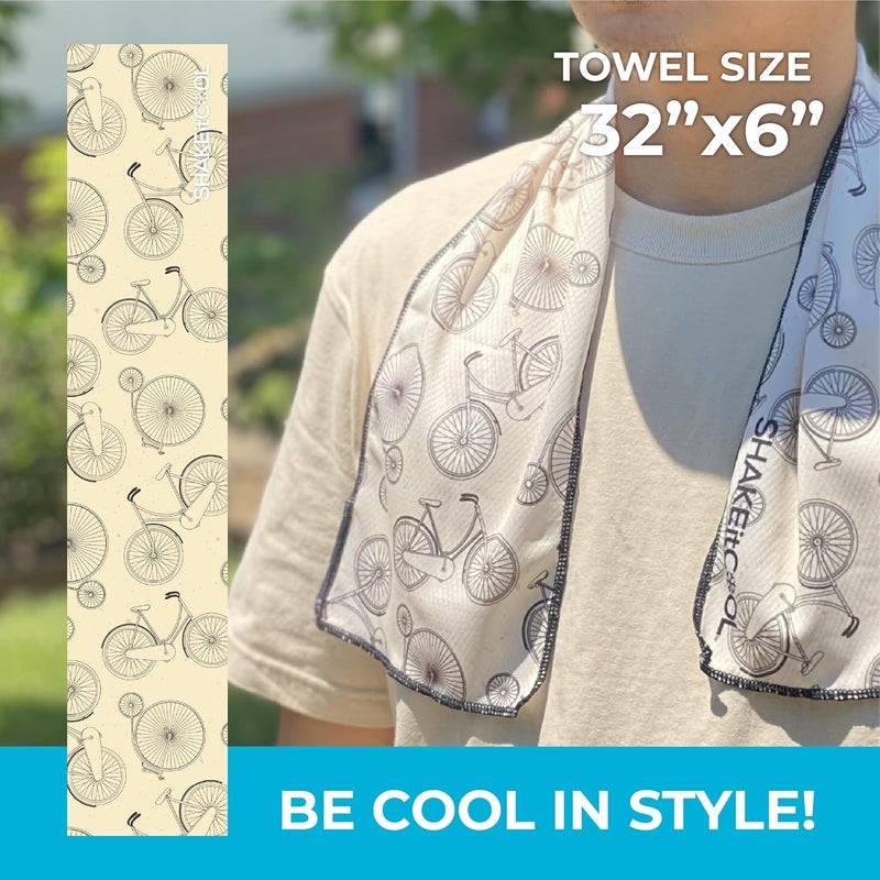 SHAKEitCOOL Original Cooling Towel – Be Cool in Style - Heat Relief, Soft, Lightweight, Sun Protection, Easy Clean - Perfect for Biking, Hiking, Running, Yoga, Golf, Gym, Baseball - Vintage Bike - Image 2